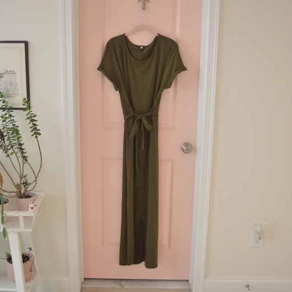 NWT! Olive Green Faux Wrap Slit Maxi Dress - Picture 3 of 9